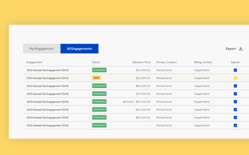 Aiwyn dashboard showing engagements, pricing, and billing status