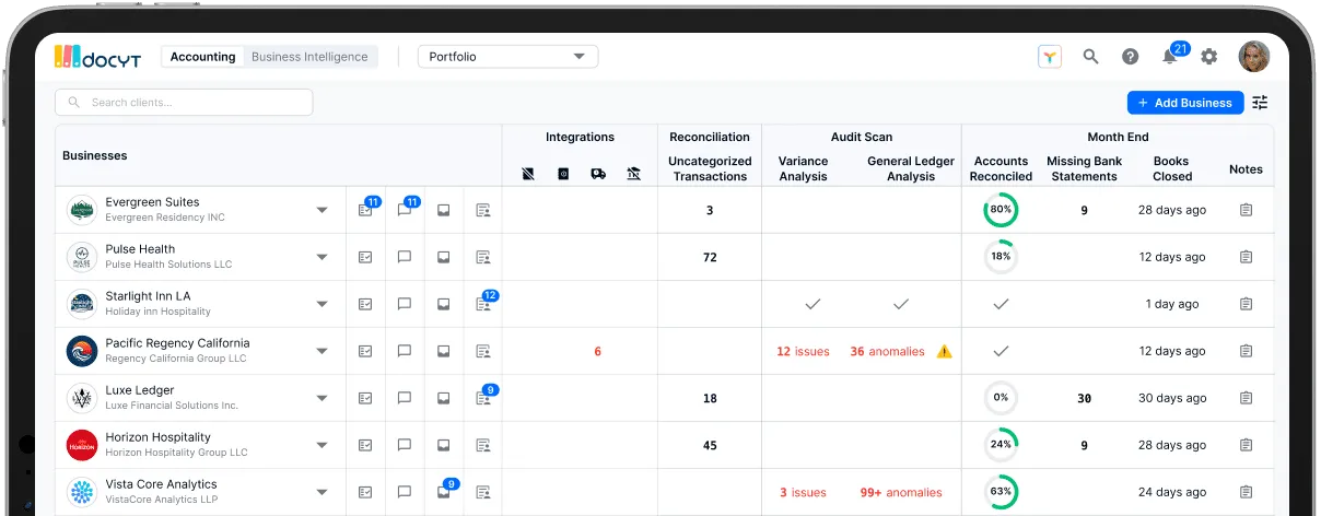 Docyt accounting dashboard with reconciliation and audit insights