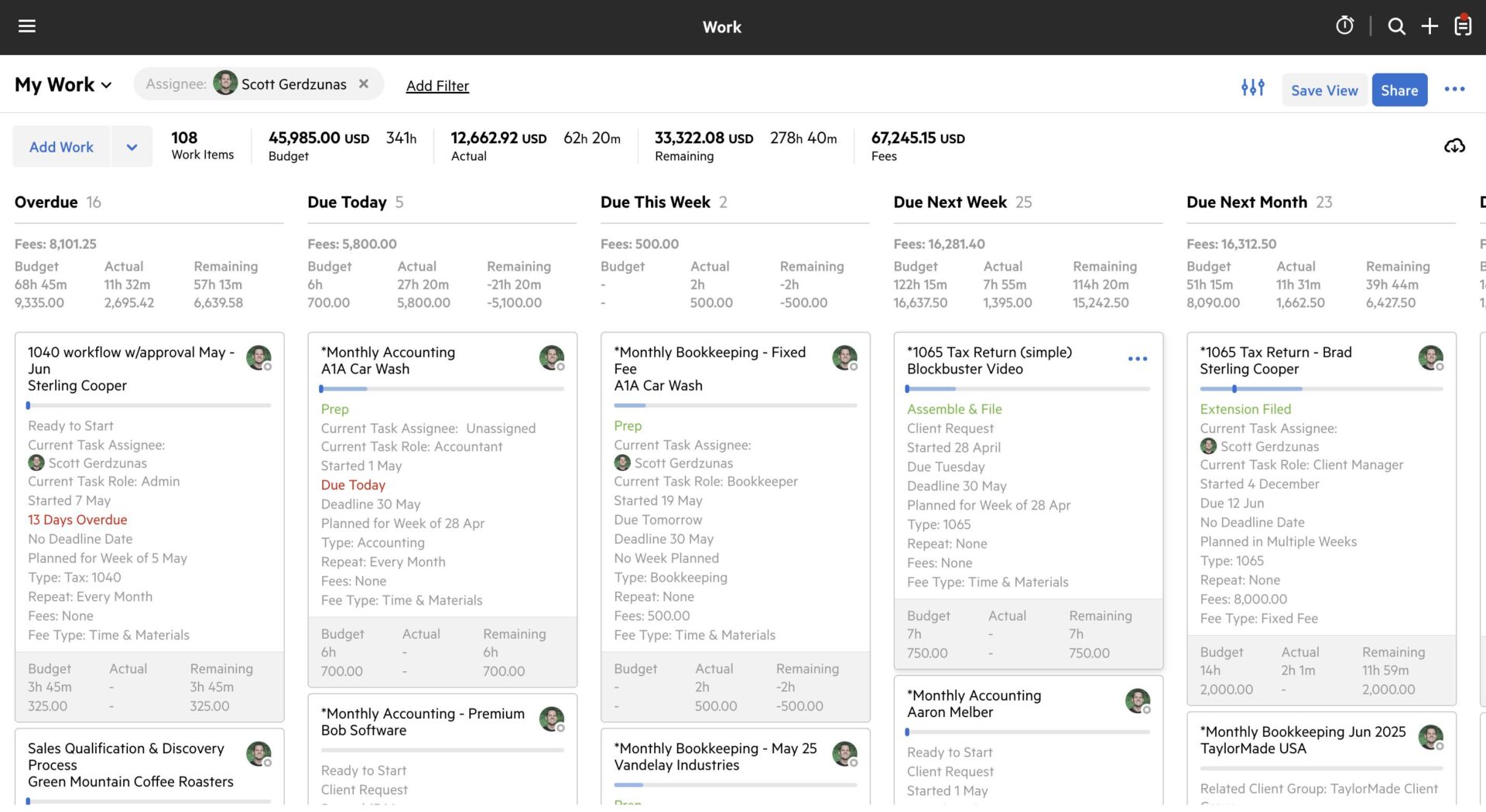 Karbon dashboard showing tasks, budgets, and workflow status
