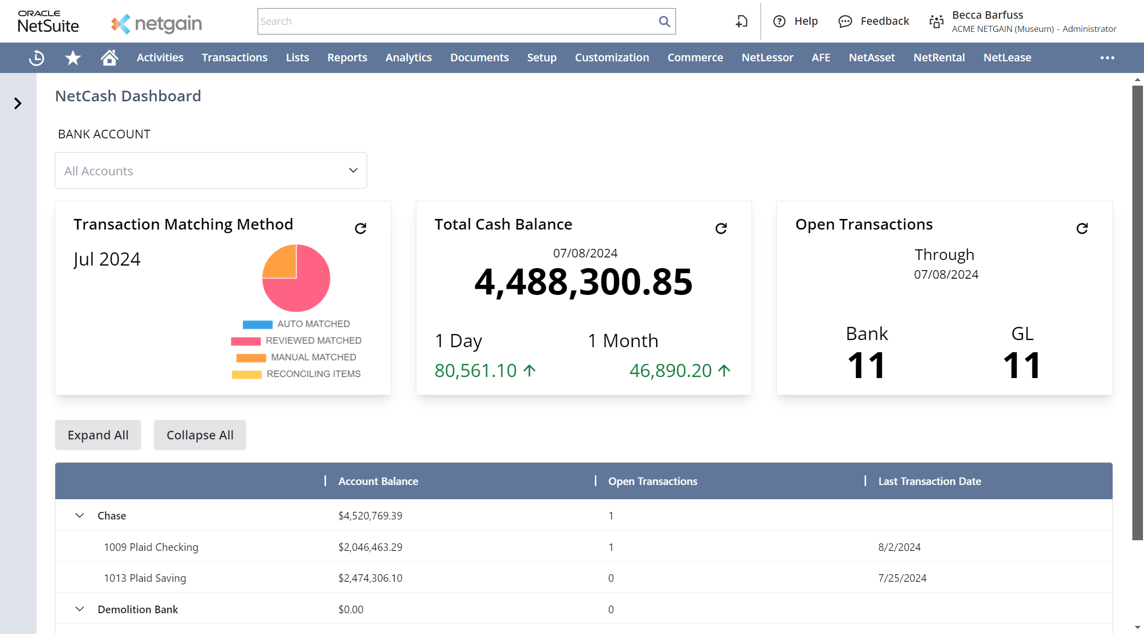 Netgain NetSuite dashboard showing cash balance and transaction matching