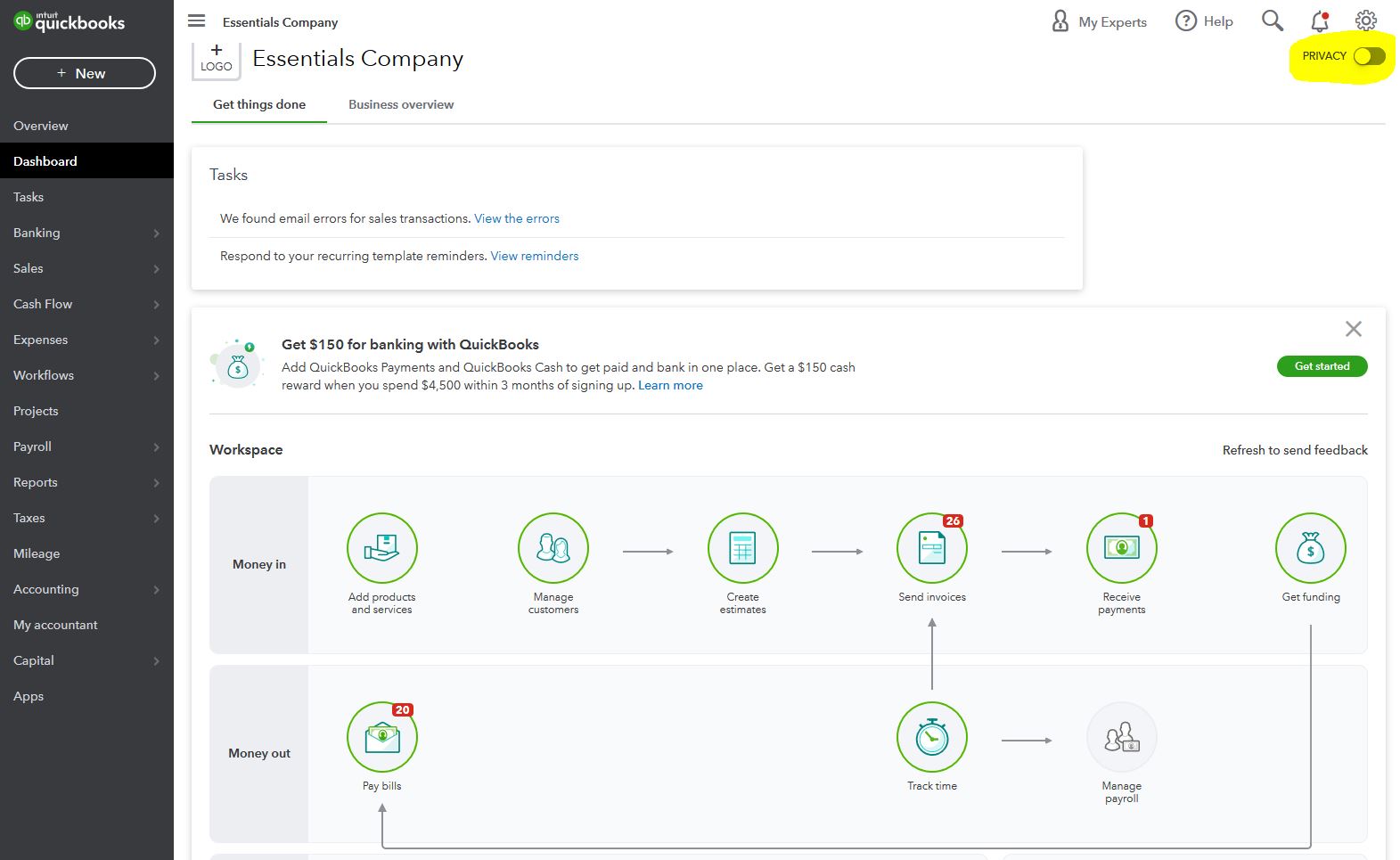 QuickBooks dashboard showing tasks, invoices, and payment workflows