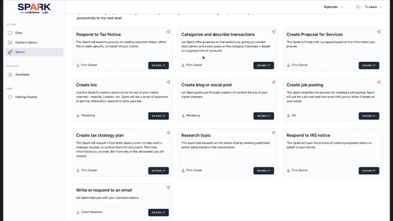 Spark dashboard showing AI task automation and workflow options