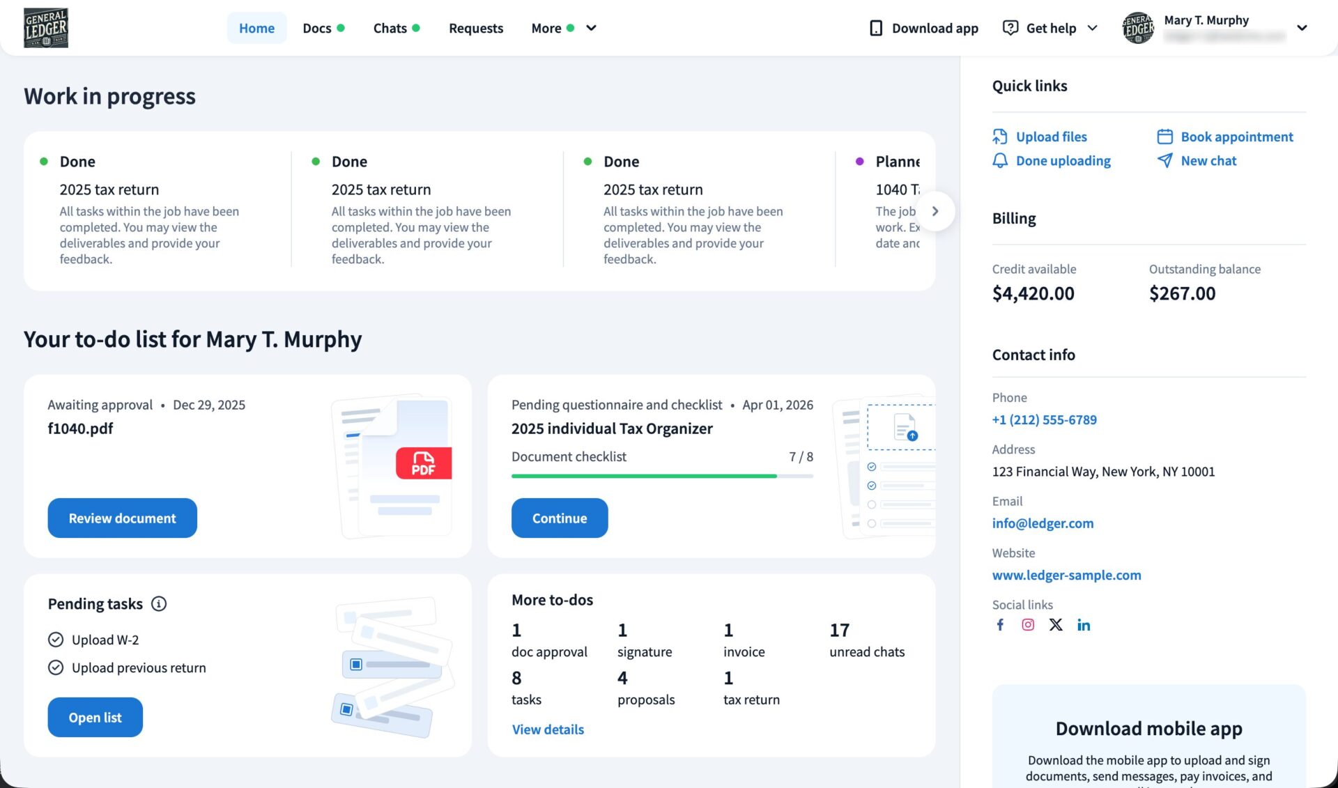 TaxDome dashboard showing client tasks, documents, and workflow status