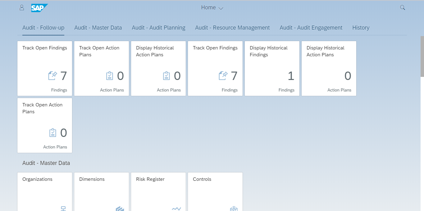 Dashboard with blue background and white folders for an audit software