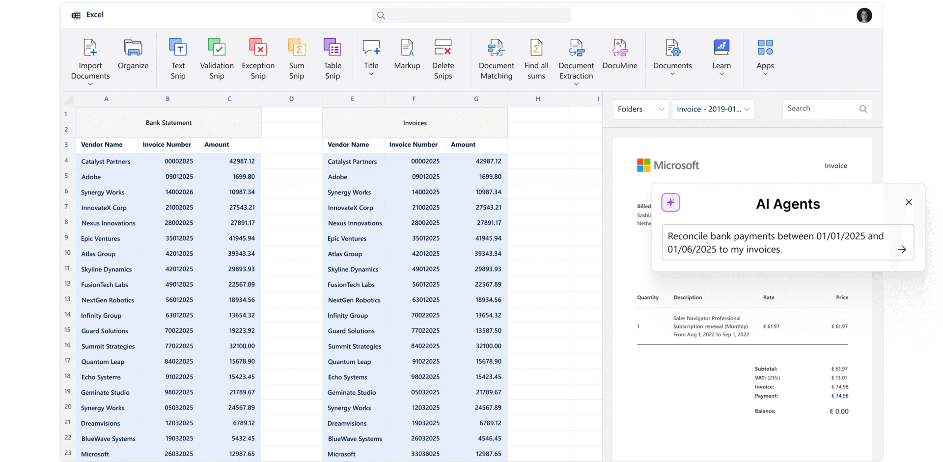 exel list of bank statements and invoices