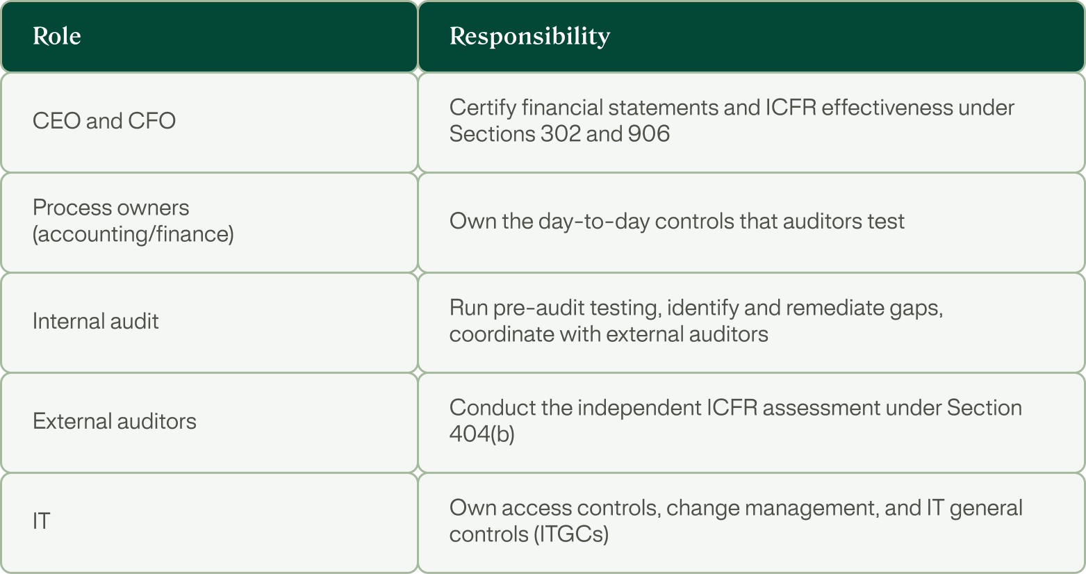SOX roles and responsibilities table listing the compliance obligations of the CEO and CFO, process owners, internal audit, external auditors, and IT under the Sarbanes-Oxley Act