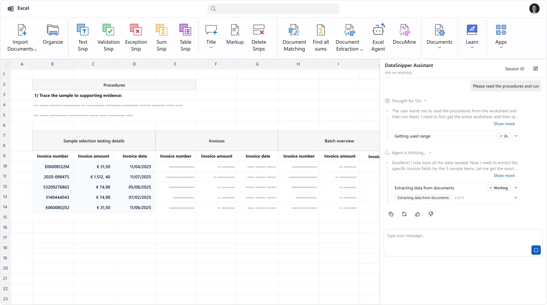 An Excel window shows the data snipper assistant next to several invoice columns.