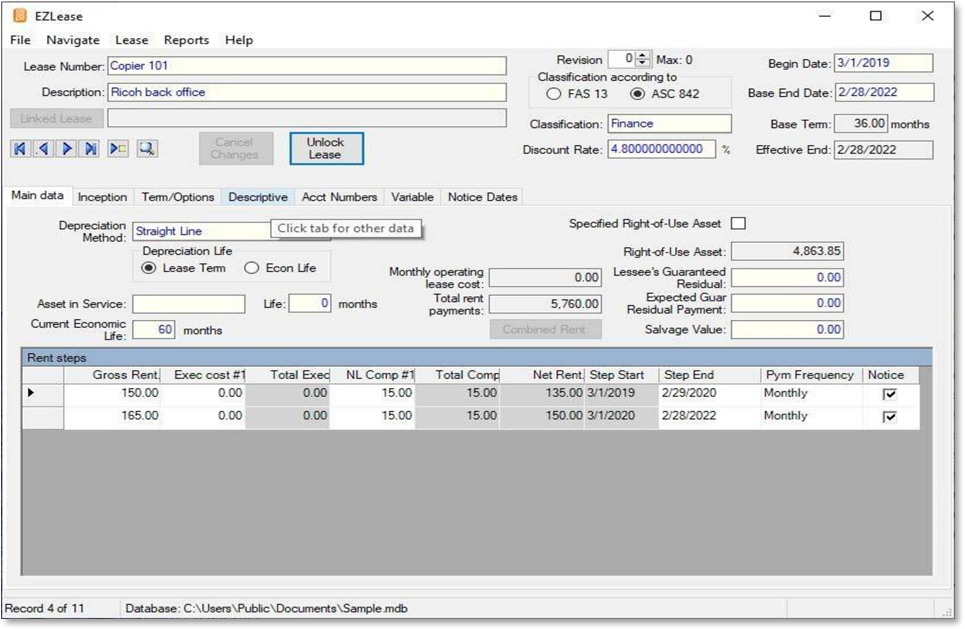 EZLease lease accounting software dashboard
