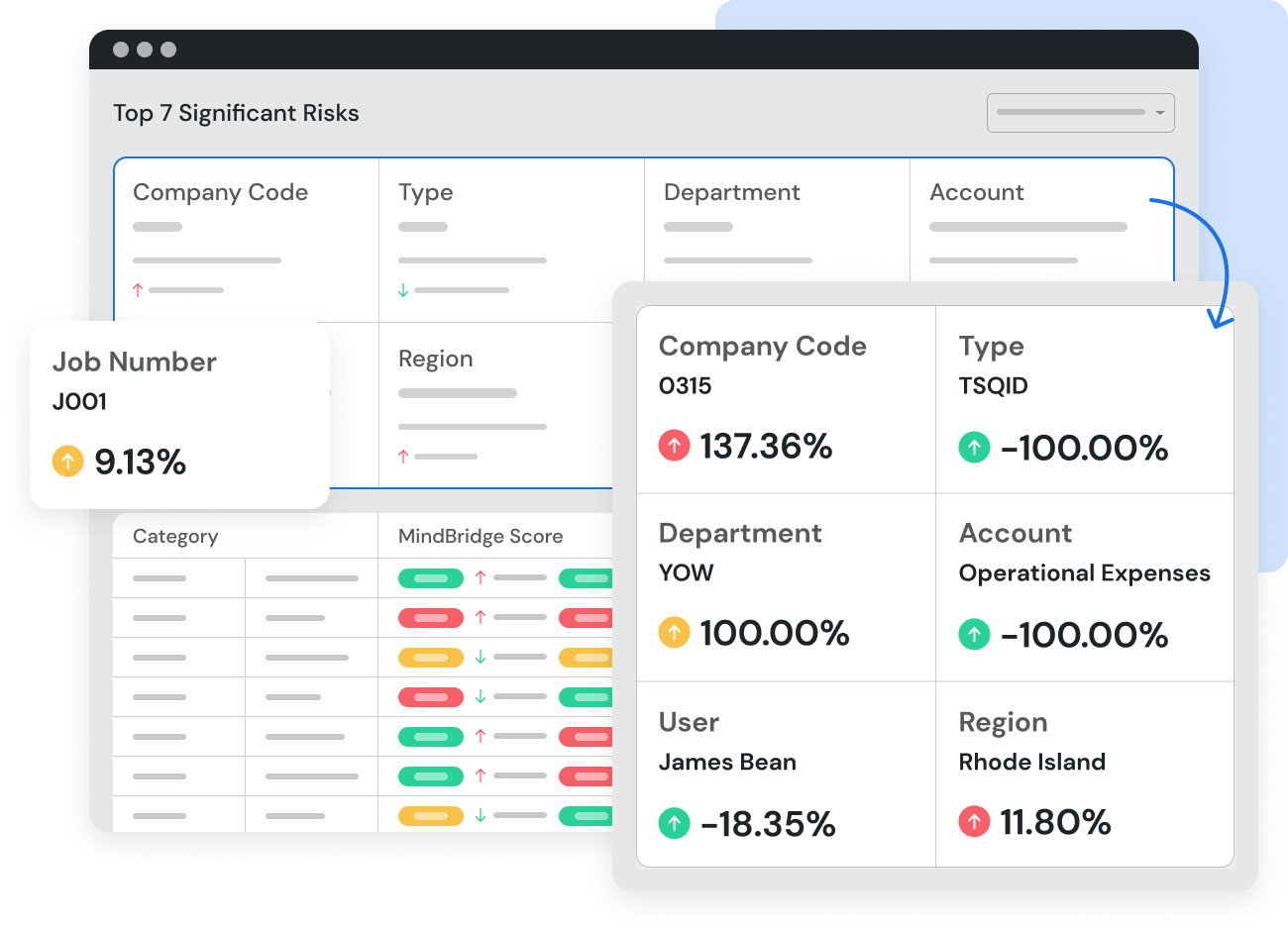 A working screen shows various risks by company code, department, region, and other factors along with insights gained from the software.