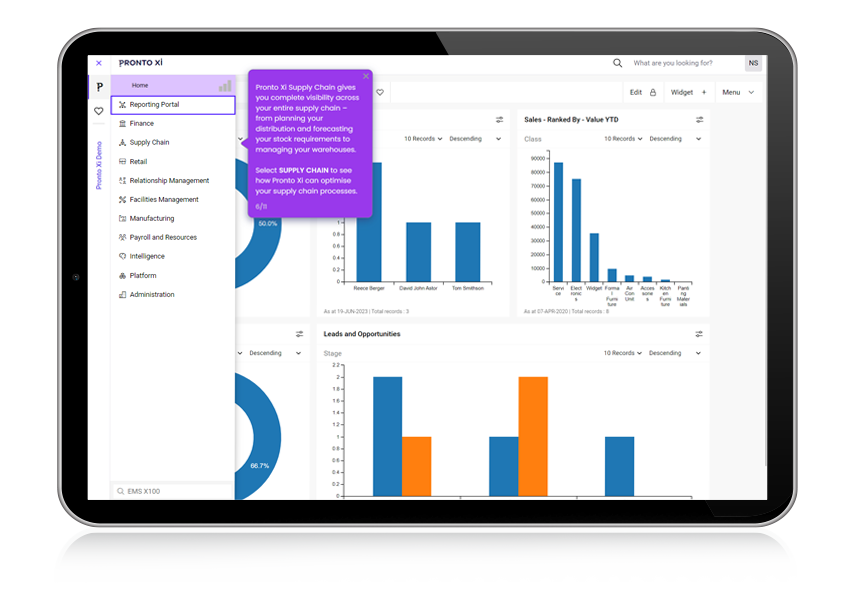 The program window shows sales and supply chain info in charts and graphs along with a detailed sidebar and pop out tutorial information.
