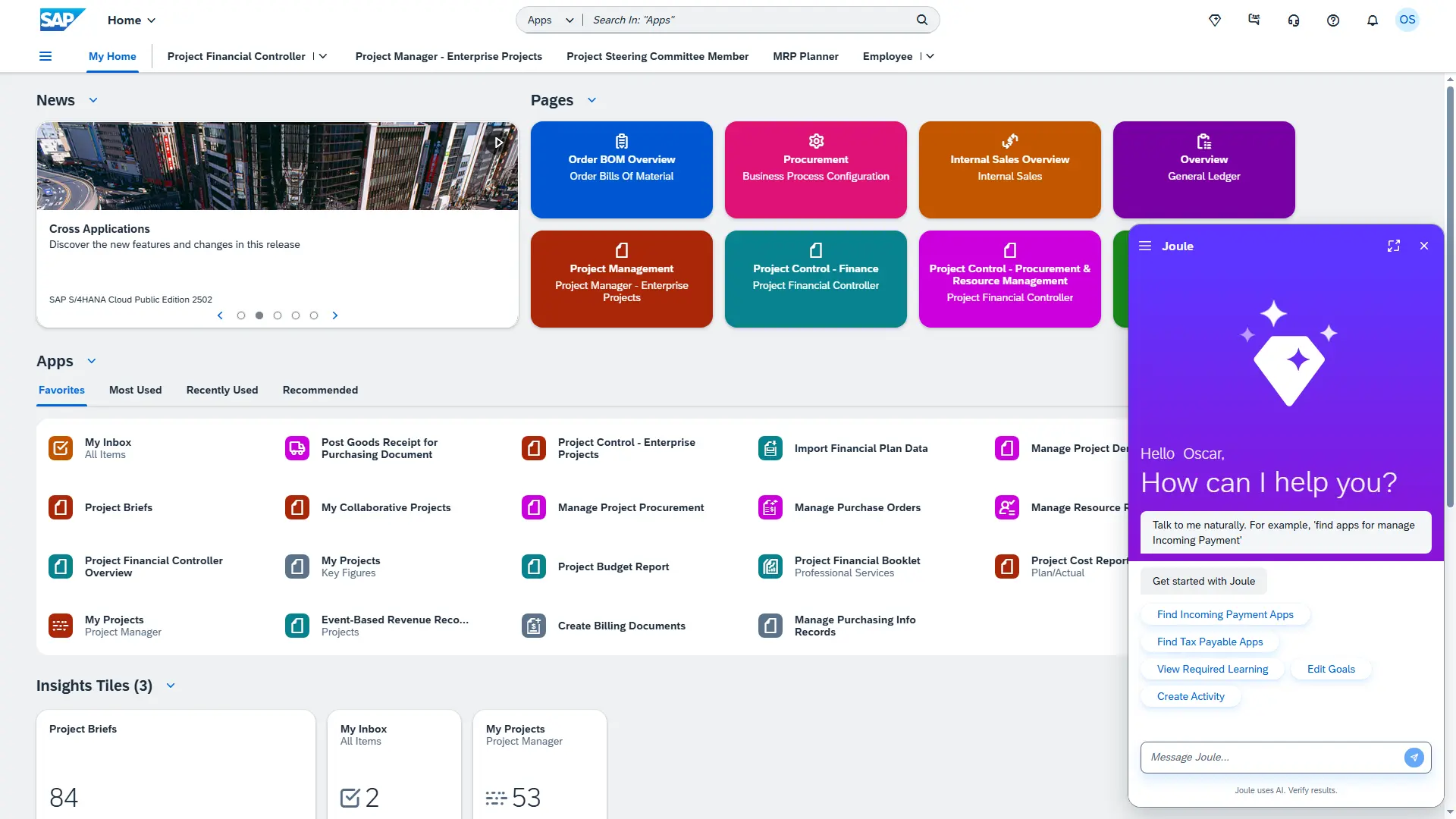The home screen of the platform showing various apps, insights, news and pages, with an AI assistant chat window in the foreground.
