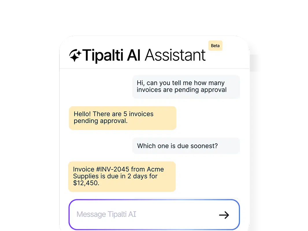 The Tipalti AI assistant chat is shown providing an update on invoices pending approval
