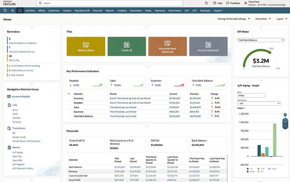 NetSuite dashboard showing financial KPIs, reports, and banking data