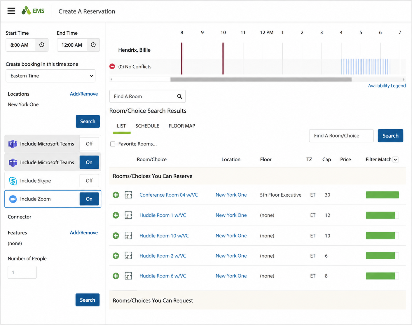 Accruent EMS dashboard showing room reservation search results