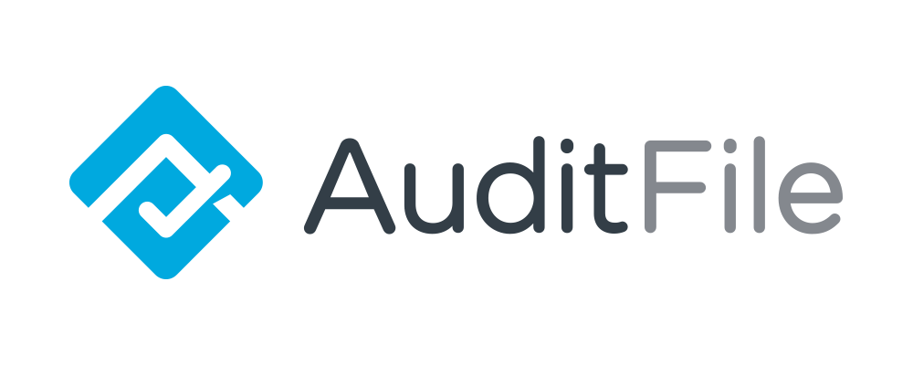 AuditFile blue geometric logo and dark gray wordmark