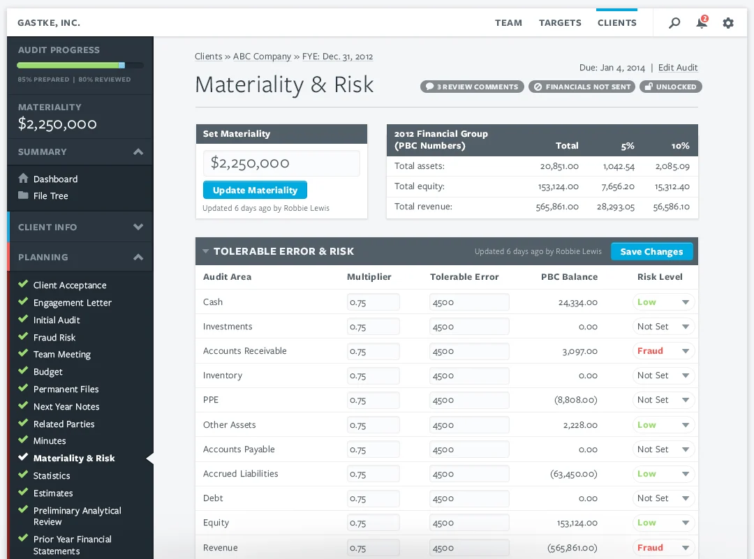 AuditFile materiality and risk assessment dashboard