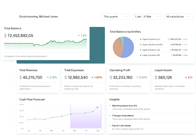 Financial dashboard showing balances, revenue, expenses and cash flow
