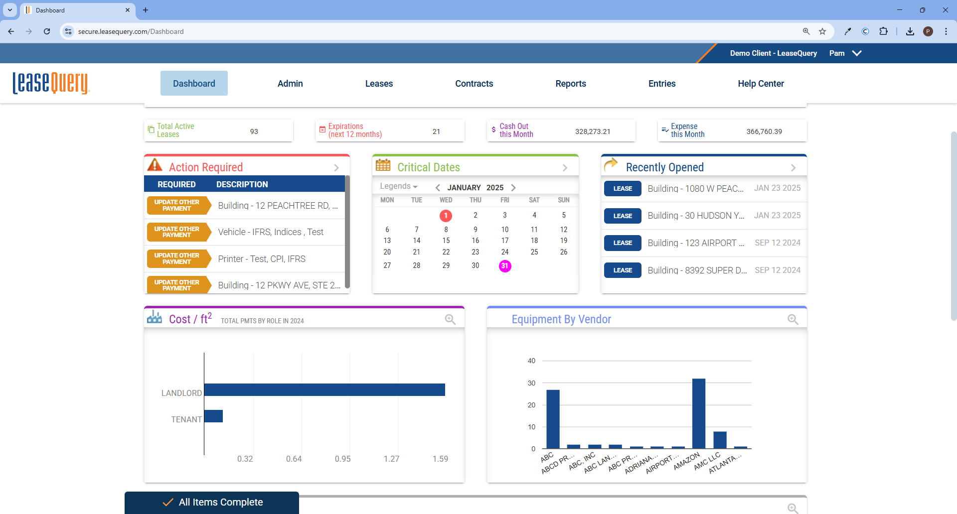 LeaseQuery dashboard showing active leases, deadlines and cost reports
