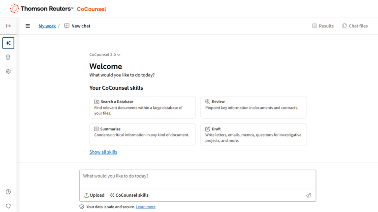 Thomson Reuters CoCounsel interface showing AI work skills