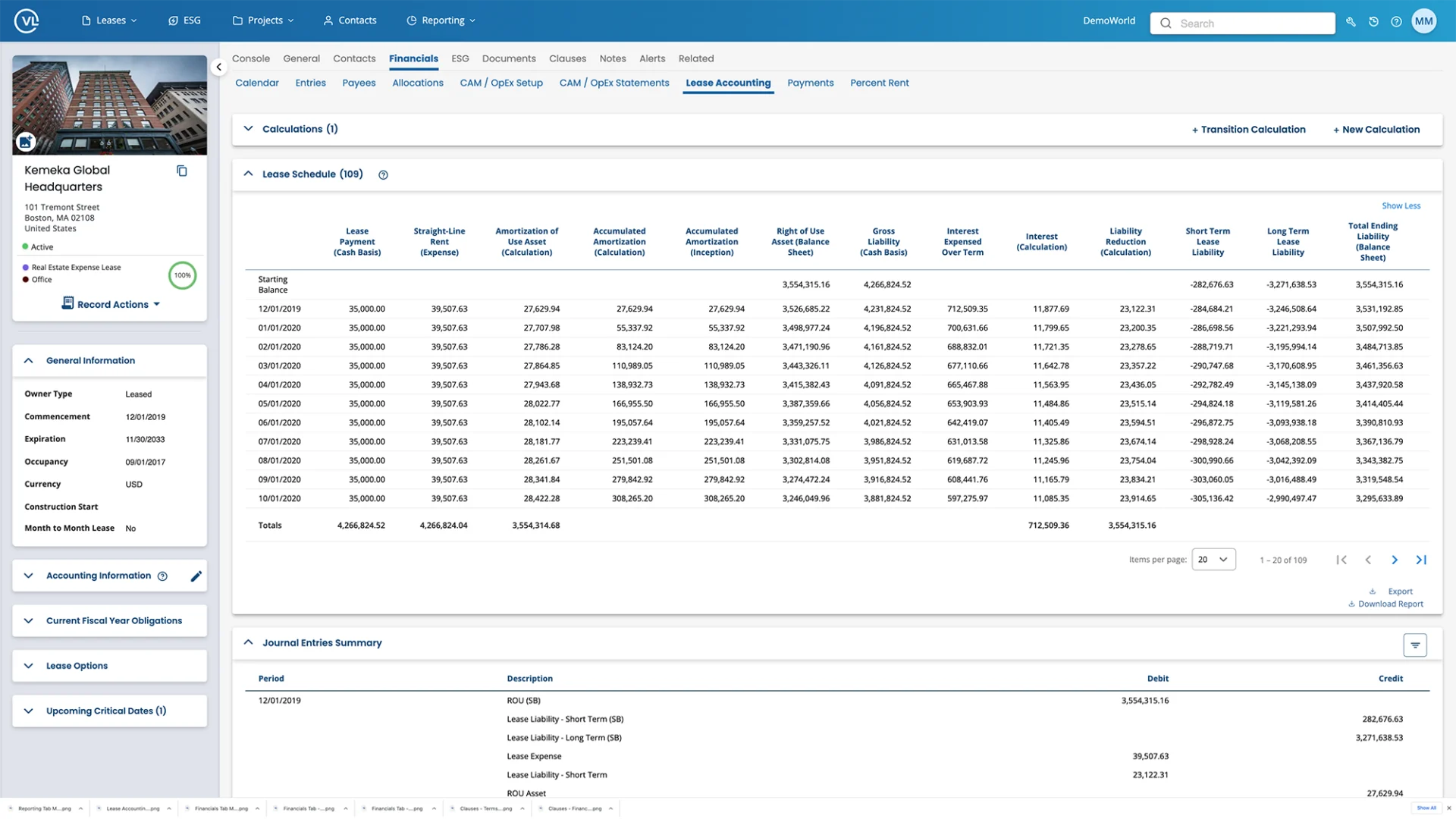 Visual Lease dashboard showing lease schedule and journal entries