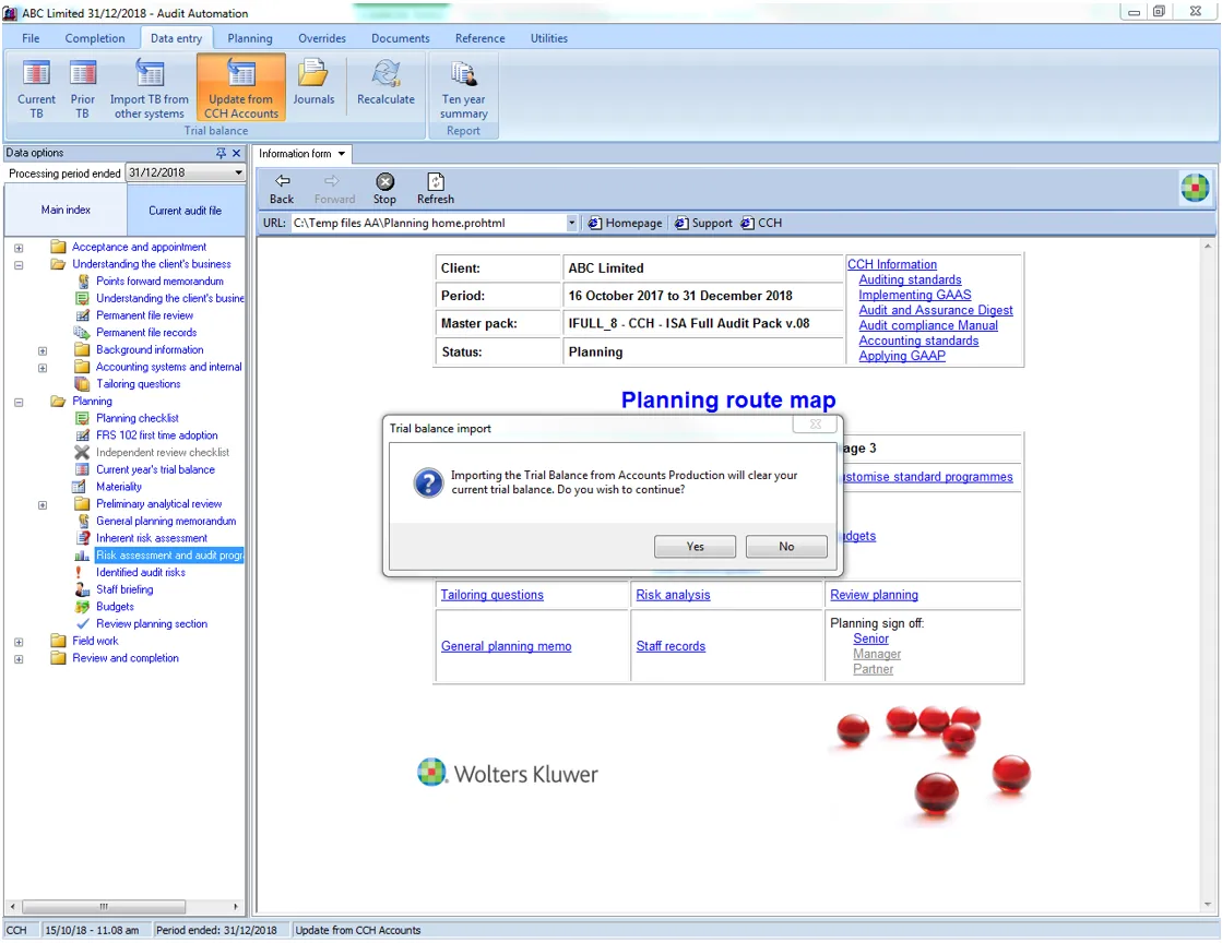 CCH Audit Automation displaying trial balance import confirmation
