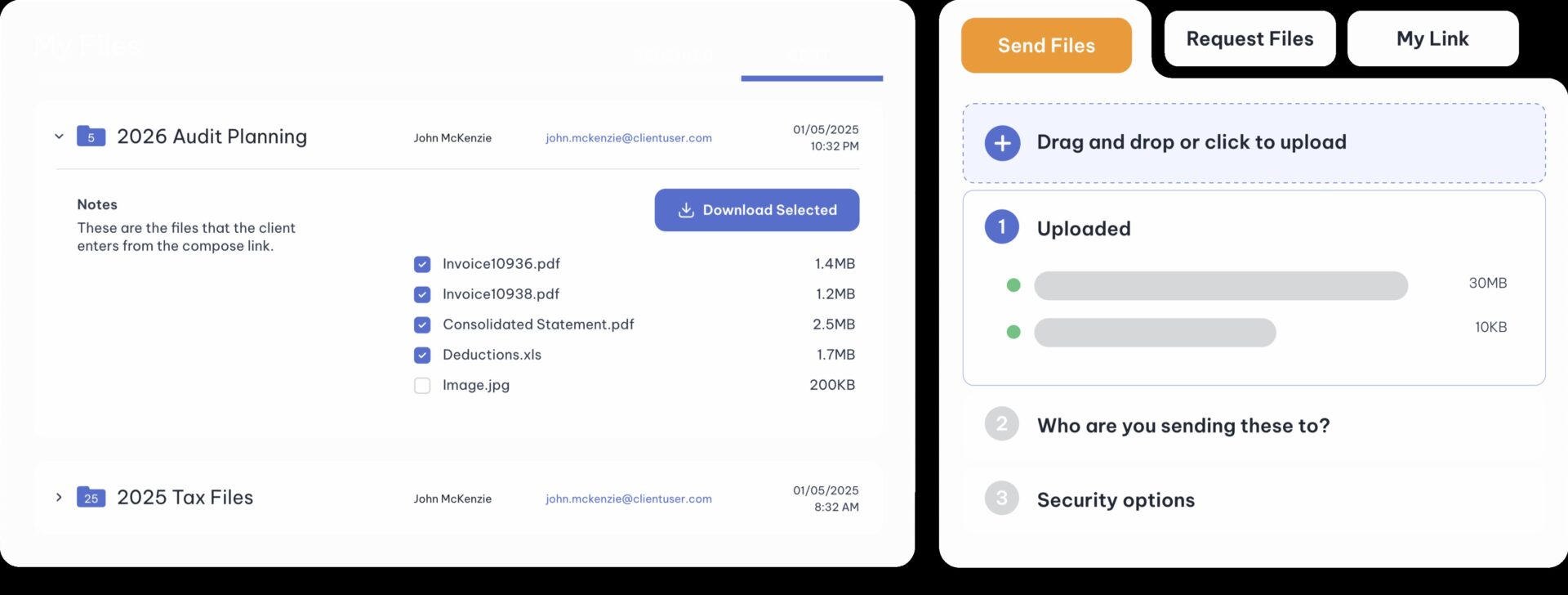 Suralink interface showing audit documents and file sharing